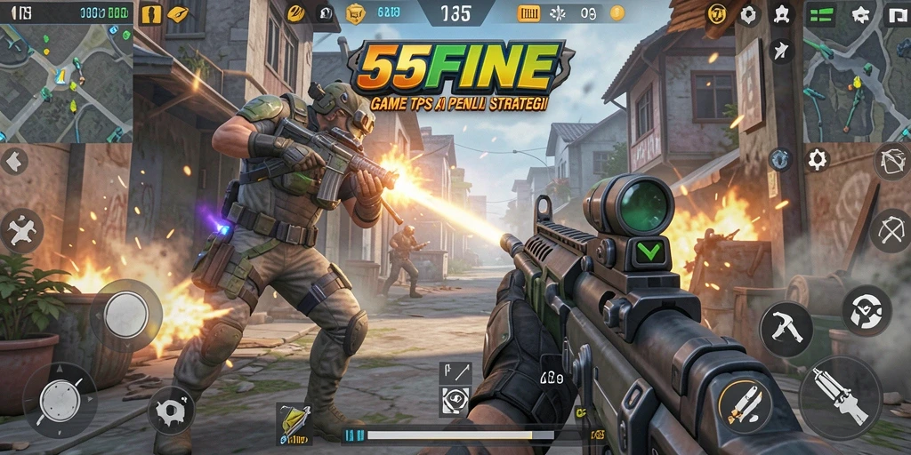 Tampilan gameplay seru di 55FIVE dengan aksi TPS yang mendebarkan.