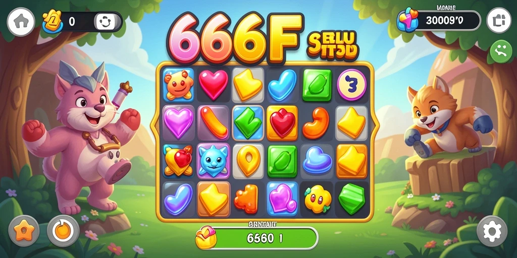 Screenshot gameplay 666FF menampilkan aksi mencocokkan batu permata yang seru.