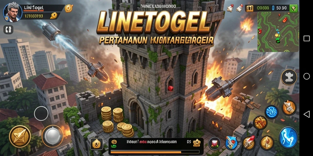 Tangkapan layar gameplay LINETOGEL menampilkan pertempuran menara yang mendebarkan.