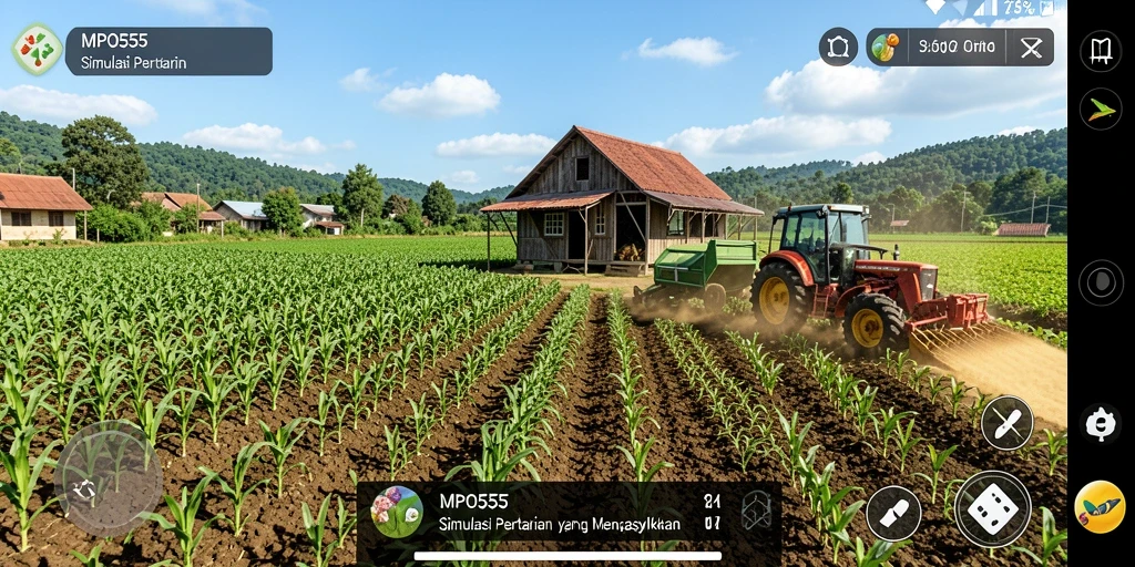 Screenshot MPO555 menampilkan pemain yang sedang merawat ladang pertanian.