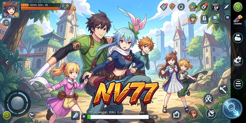 Tampilan seru gameplay NV77 dengan karakter anime yang dinamis.