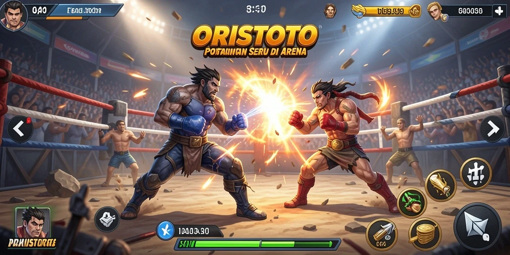 Tampilkan gameplay ORISTOTO dengan pertarungan yang intens.