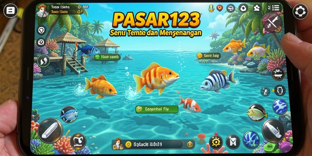 Screenshot utama PASAR123 menampilkan aksi seru saat menembak ikan.