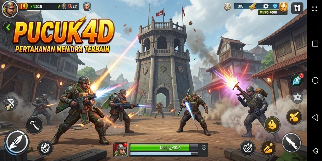 Screenshot gameplay PUCUK4D dengan menara dan musuh yang terlibat.