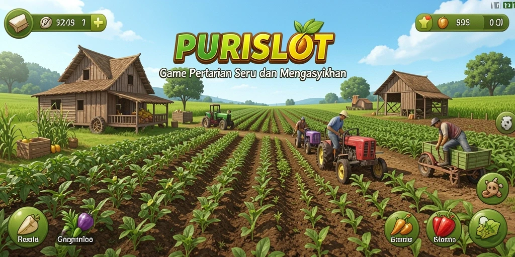 Tangkapan layar gameplay <strong>PURISLOT</strong> yang menunjukkan pertanian yang indah dan aktif.