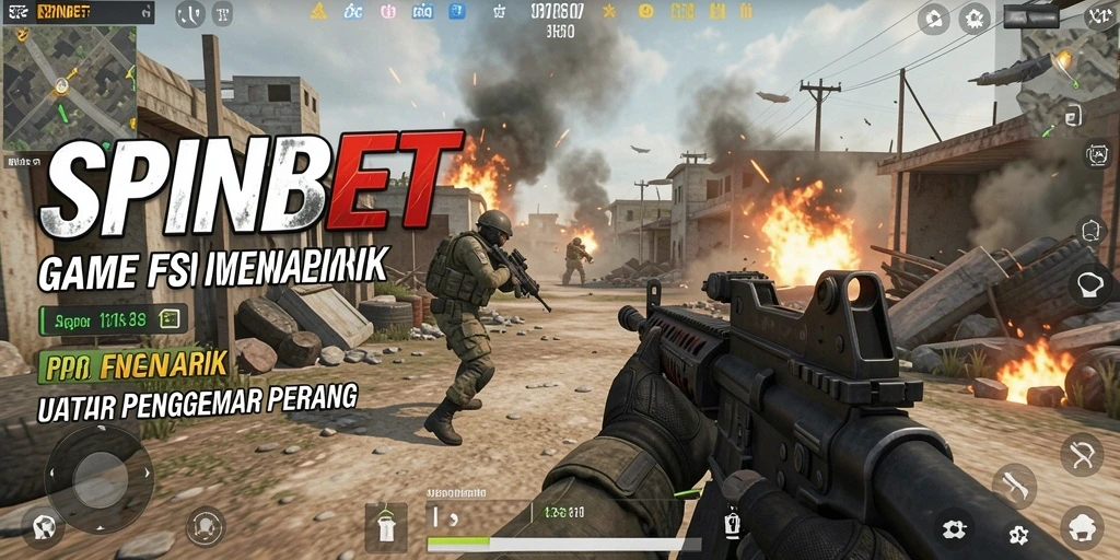 Screenshot SPINBET menampilkan aksi seru di medan perang FPS.