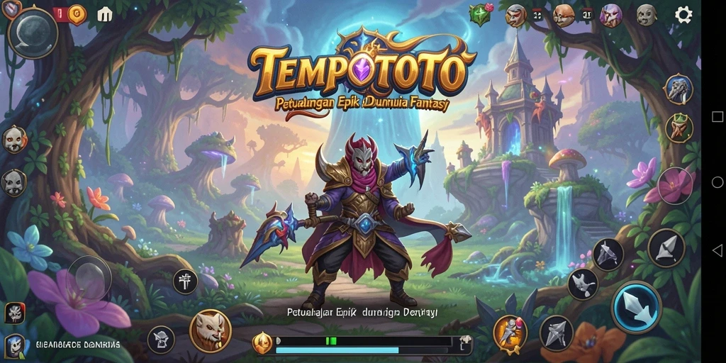 Screenshot gameplay TEMPOTOTO menampilkan pertarungan seru di dunia fantasi.