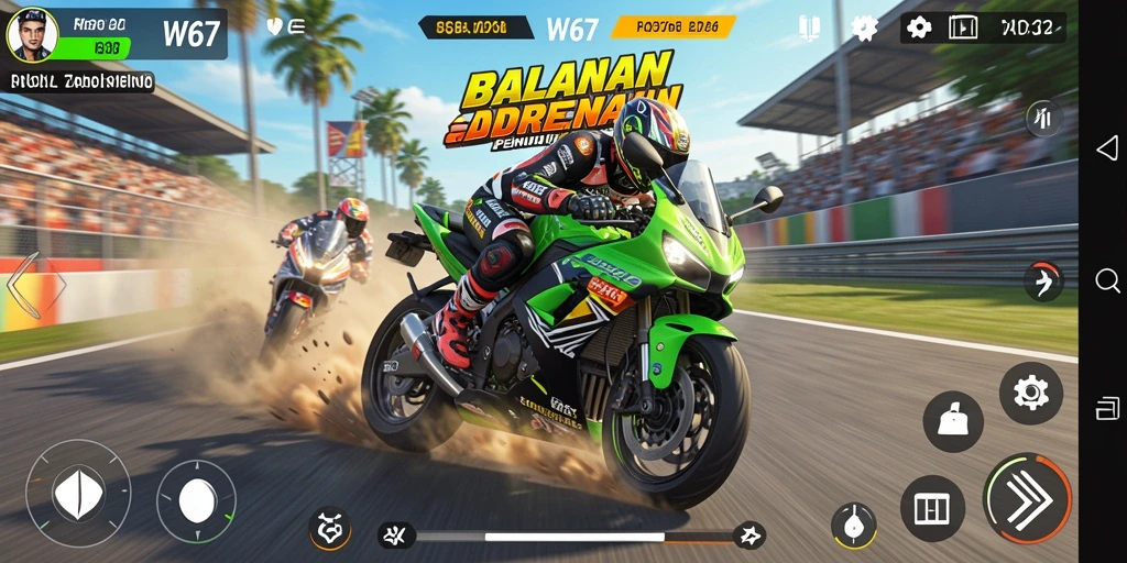 Screenshot utama W67 menampilkan aksi balapan motor yang mendebarkan.